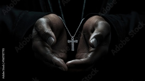 Dark-skinned hands hold a silver cross necklace in prayer.