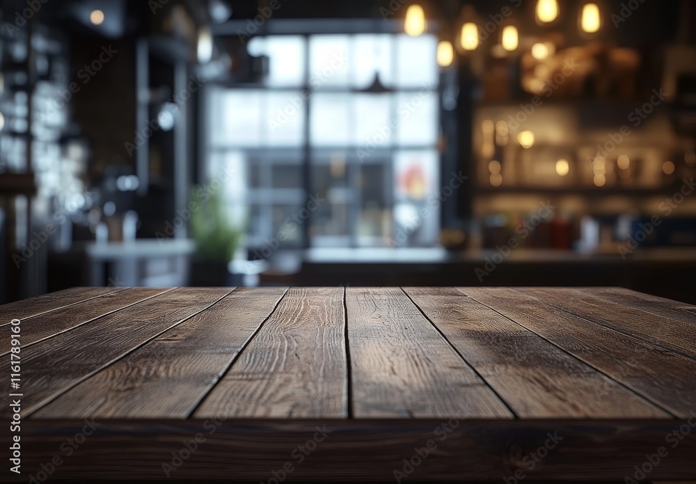 Dark brown wooden table top in front of blurred cafe background. Dark brown wooden table top in front of blurred cafe background.