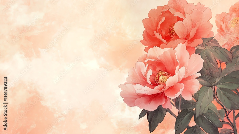 Naklejka premium Beautiful pink peonies blooming against a soft pastel background.