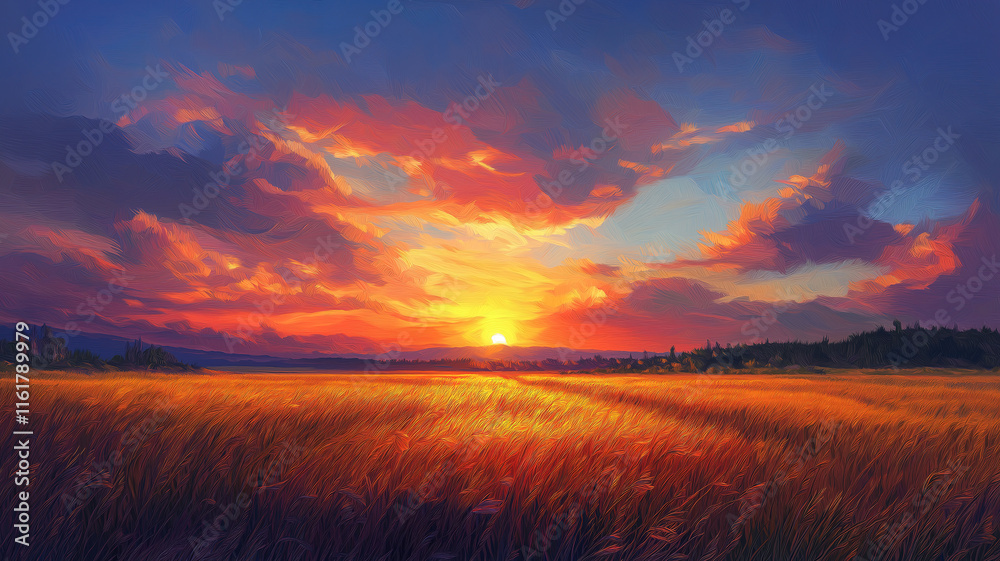 Stunning sunset with vibrant clouds painting the sky over a tranquil ocean horizon Stunning sunset with vibrant clouds painting the sky over a tranquil ocean horizon