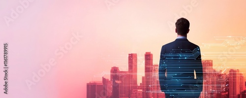 A silhouetted businessman gazes at a city skyline, symbolizing ambition and future possibilities against a vibrant, colorful backdrop.
