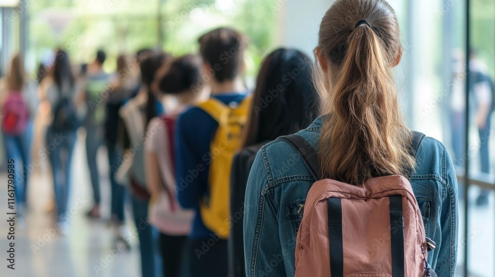 Students lining up at a college admissions office to submit their applications. Students lining up at a college admissions office to submit their applications.