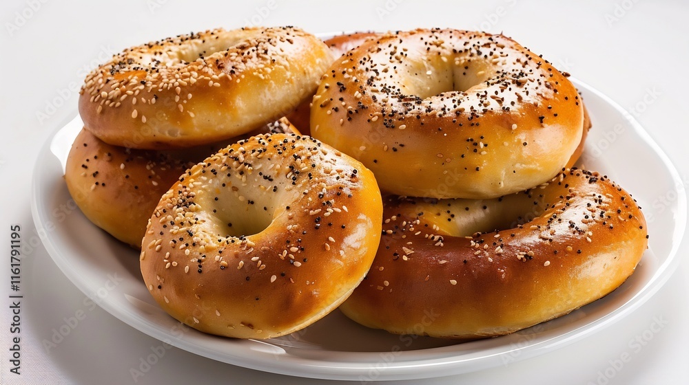 A plate of delicious, freshly baked bagels, topped with sesame seeds and poppy seeds. Perfect for breakfast or a snack. A plate of delicious, freshly baked bagels, topped with sesame seeds and poppy seeds. Perfect for breakfast or a snack.