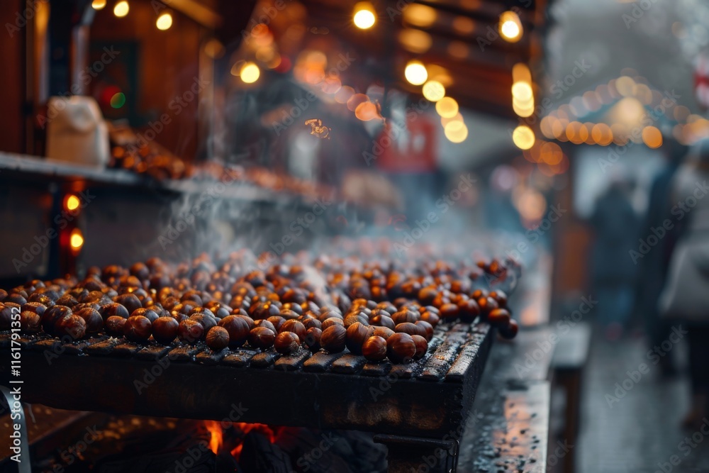 Obraz premium Roasted chestnuts, street food in winter at a market at night