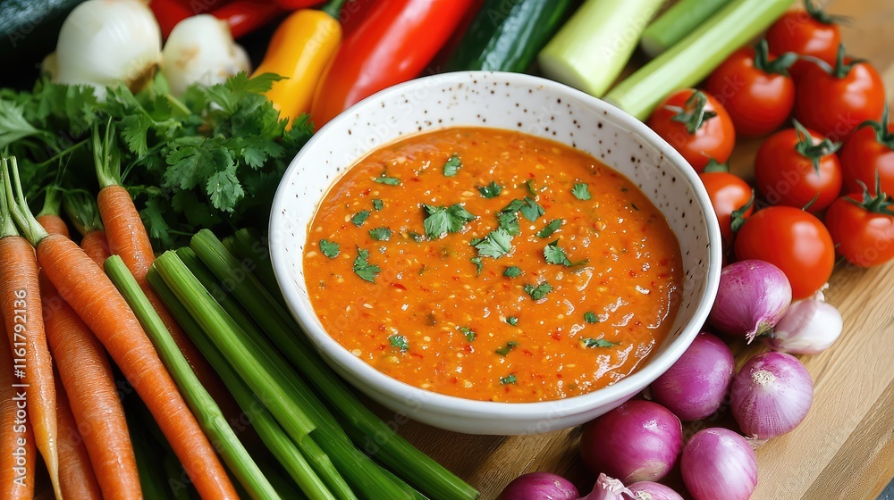 Colorful Bowl of Vegetable Soup Surrounded by Fresh Ingredients Colorful Bowl of Vegetable Soup Surrounded by Fresh Ingredients