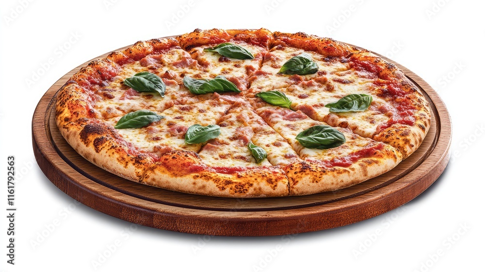 Freshly Baked Pizza with Basil Leaves on Wooden Serving Board Freshly Baked Pizza with Basil Leaves on Wooden Serving Board