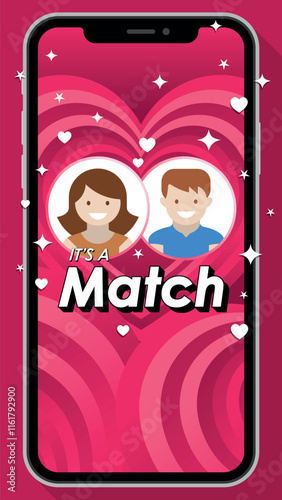 Couple man and woman matching on a dating app with magenta background decorated with stars and hearts