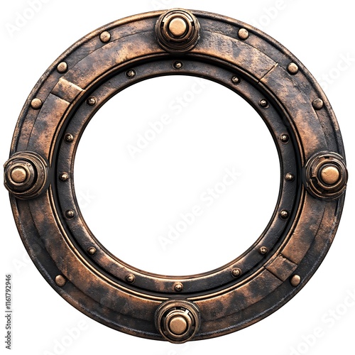 Circular bronze steampunk frame, metallic, grunge texture, rivets.