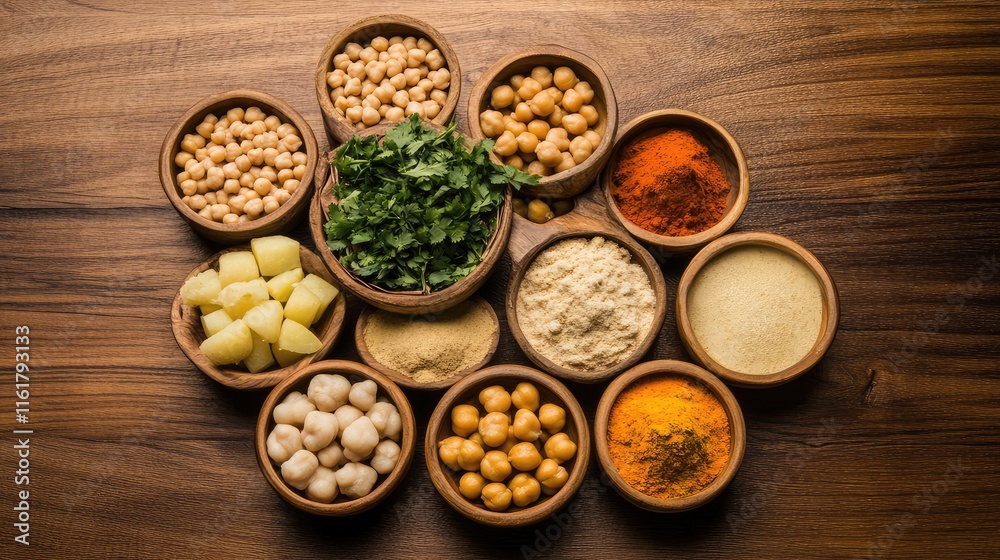Colorful Collection of Spices and Fresh Ingredients on Wooden Table Colorful Collection of Spices and Fresh Ingredients on Wooden Table