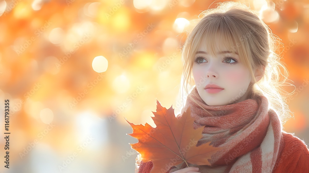 Fototapeta premium Young Woman Holding Autumn Leaf in Golden Light