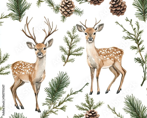 A decorative pattern featuring deer, pinecones, and pine branches on a white background. photo