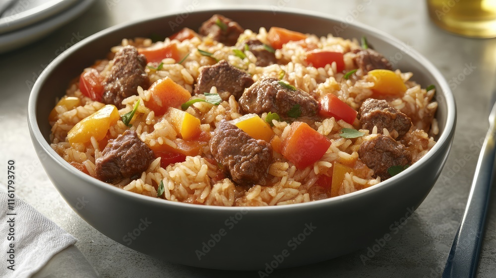 Delicious Bowl of Beef and Vegetable Rice Dish with Colorful Ingredients Delicious Bowl of Beef and Vegetable Rice Dish with Colorful Ingredients