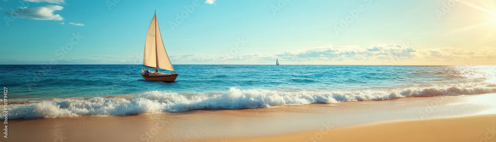 Fototapeta premium sailboat on tranquil beach with gentle waves and clear sky