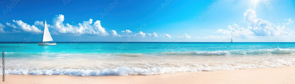 serene beach with sailboat on horizon under clear blue sky serene beach with sailboat on horizon under clear blue sky