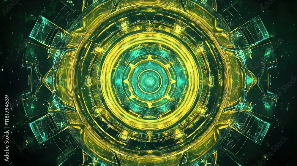 Abstract green and gold circular design with geometric patterns and glowing lights. Abstract green and gold circular design with geometric patterns and glowing lights.