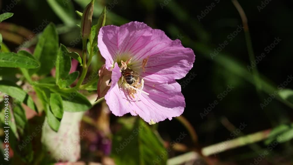 Honey work bees collect pollen with small flowers, Close-up, slow motion 4K
