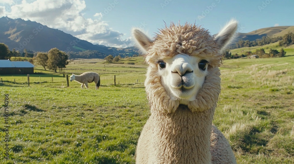 Obraz premium A fluffy alpaca looking directly at the camera with a curious expression in a green meadow.