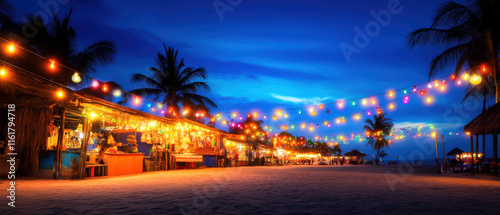 Fototapeta Naklejka Na Ścianę i Meble -  vibrant beach market at dusk with colorful lights and palm trees