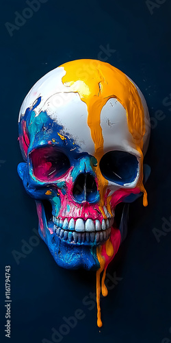 Creative skull illustration with lively colors and holographic details, embodying a spooky Halloween concept with a futuristic and retro style for modern art lovers