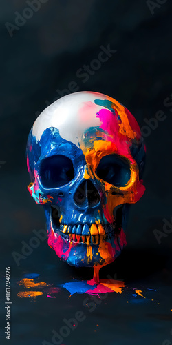 Brightly painted skull in vibrant pastel colors, representing a unique blend of spooky Halloween themes and retro futuristic aesthetics with abstract and lively art style