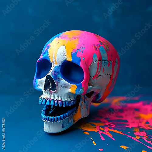 Stylish painted skull with neon and pastel hues, representing a spooky yet glamorous Halloween theme, set against a bright retro background for a playful and creative vibe