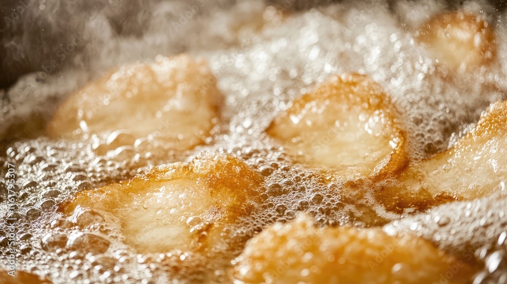 Crispy Golden Fried Food Cooking in Bubbling Hot Oil in Pan Crispy Golden Fried Food Cooking in Bubbling Hot Oil in Pan