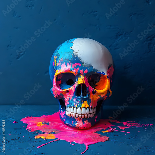 Skull artwork with vivid colors and 90s-inspired aesthetic, featuring bright pink and holographic details, perfect for Halloween or Santa Muerte celebrations with a modern abstract background