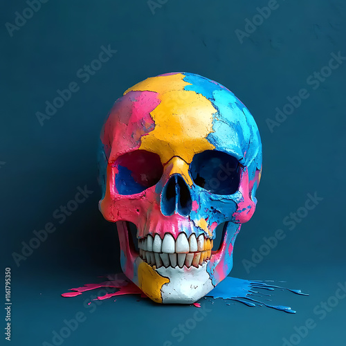 Creative skull design with bright neon hues and colorful pastel patterns, symbolizing a Halloween theme mixed with futuristic retro vibes and artistic inspiration for contemporary concepts