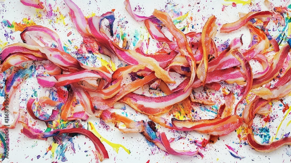 Fototapeta premium Vibrant Abstract Artwork of Colorful Bacon Strips on White Surface