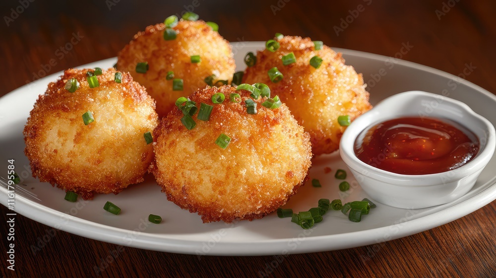Crispy Golden Fried Balls with Dipping Sauce and Green Garnish Crispy Golden Fried Balls with Dipping Sauce and Green Garnish