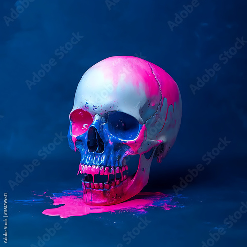 Vividly painted skull with vibrant colors and abstract pastel design, representing a spooky Halloween or Santa Muerte concept on a retro futuristic background with a modern aesthetic  