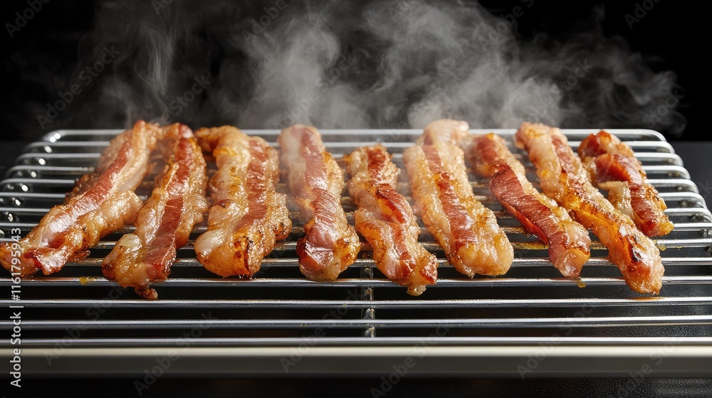 Crispy Bacon Strips Cooking on a Grill with Steam Rising Crispy Bacon Strips Cooking on a Grill with Steam Rising