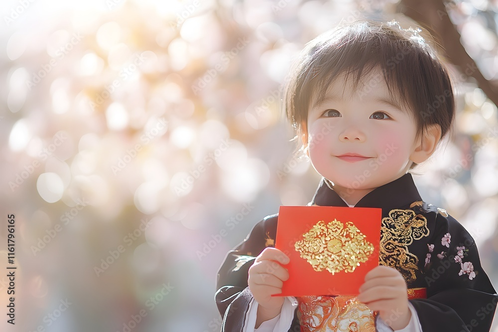 Child in Traditional Chinese Attire Holding Bright Red Envelope Child in Traditional Chinese Attire Holding Bright Red Envelope