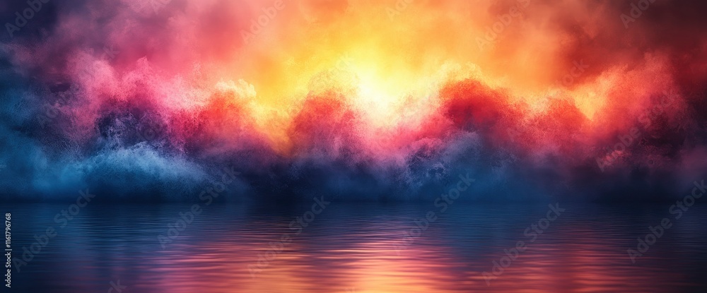 Naklejka premium Surreal Sunset over Calm Water Vibrant Cloudscape Digital Art
