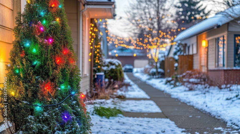 Fototapeta premium Snowy Evening Street with Colorful Christmas Lights and Decorations