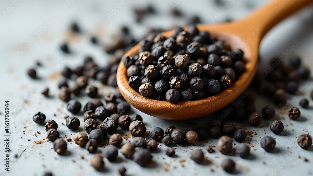 Black peppercorns in wooden spoon and scattered on white table background Black peppercorns in wooden spoon and scattered on white table background