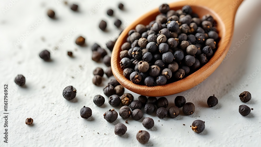 Black peppercorns in wooden spoon and scattered on white table background Black peppercorns in wooden spoon and scattered on white table background