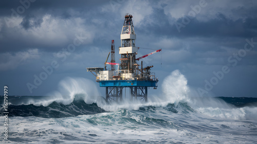 Oil drilling platform standing tall in the vast ocean, symbolizing human innovation and the quest for energy amidst nature's vastness.