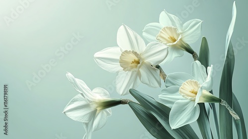 Elegant white daffodils bloom against a soft, serene background.