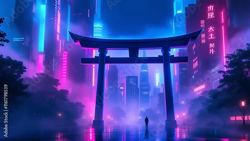 Anime-style digital painting illustration of Torii Gate in technology future dystopian neon cyberpunk tokyo city skyline
