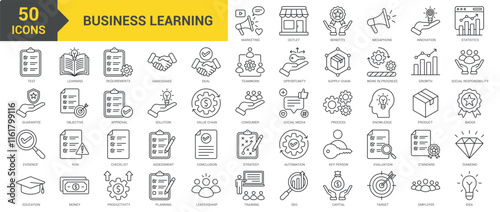 Business Learning icon collection set. Containing marketing, outlet, benefits, innovation, statistics, test, quality, evidence, education, teamwork, opportunity, requirements icon. Simple line vector