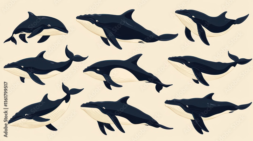 A collection of stylized whale illustrations in various poses on a light background. A collection of stylized whale illustrations in various poses on a light background.