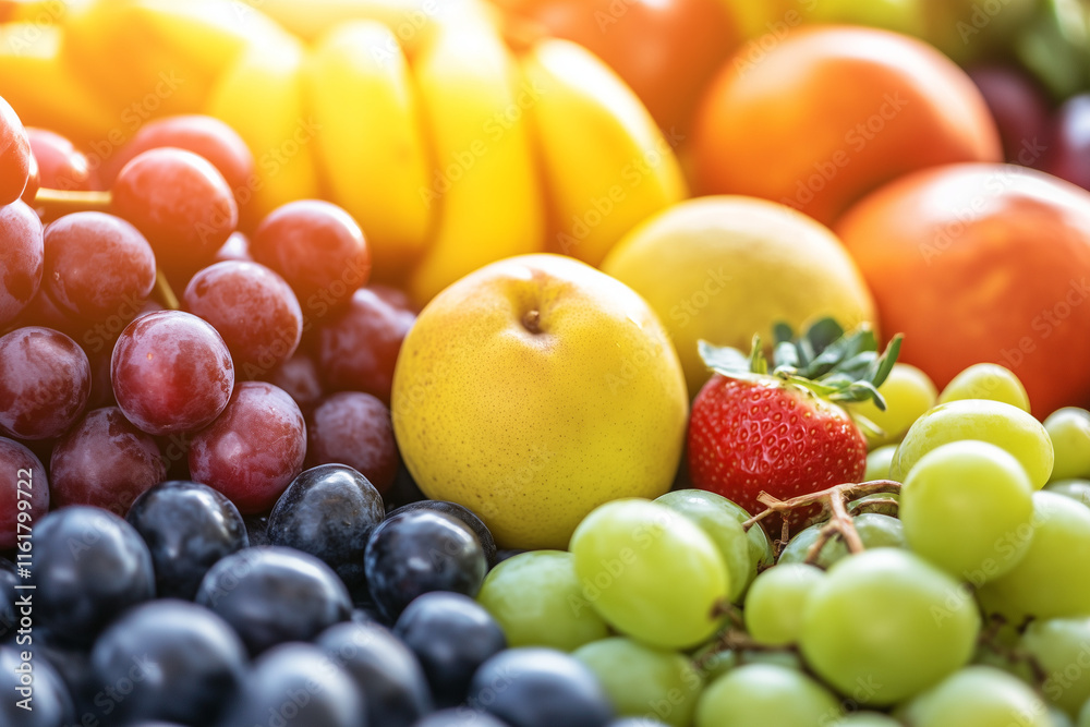 A colorful display of fresh fruits and vegetables neatly arranged in a grocery store aisle, with copy space. Bright natural light. Market background A colorful display of fresh fruits and vegetables neatly arranged in a grocery store aisle, with copy space. Bright natural light. Market background