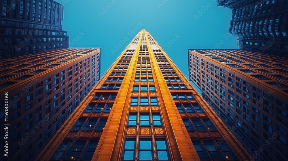 Naklejka premium Low angle view of a tall skyscraper between two buildings at dusk.