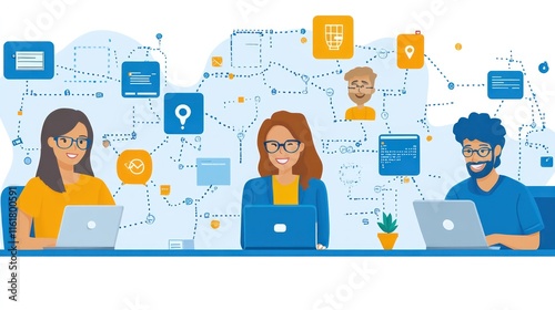 Three diverse individuals working on laptops with digital icons and connections in the background.