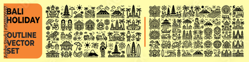 The Bali holiday outline vector set captures the essence of tropical paradise, featuring iconic elements like beaches, temples, waves, and palm trees in minimalist black outlines.