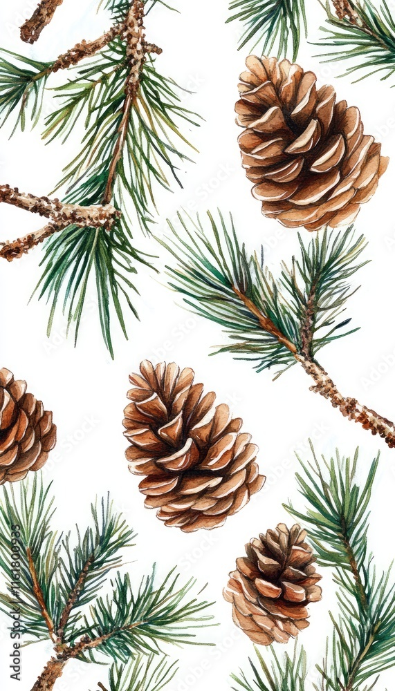 Naklejka premium A pattern featuring pine cones and evergreen branches on a white background.