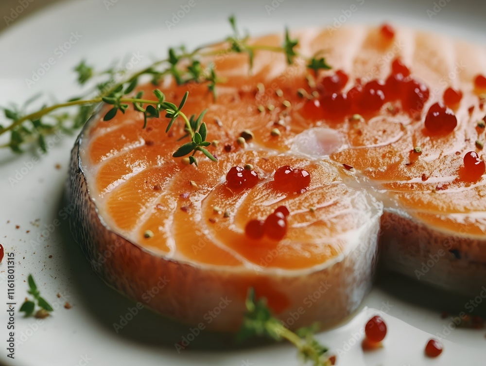 Salmon Steak: Gourmet Dish with Red Caviar and Thyme, Artistic Food Photography Salmon Steak: Gourmet Dish with Red Caviar and Thyme, Artistic Food Photography