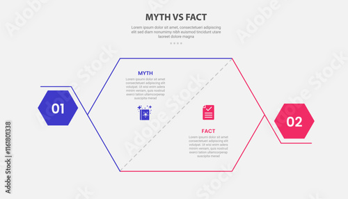 myth vs facts infographic outline style with 2 point comparison template with hexagon slice and bold shape at edge for slide presentation