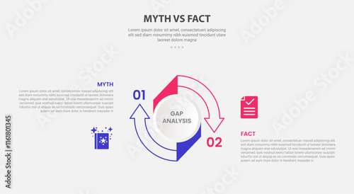myth vs facts infographic outline style with 2 point comparison template with big circle arrow outline cycle circular for slide presentation